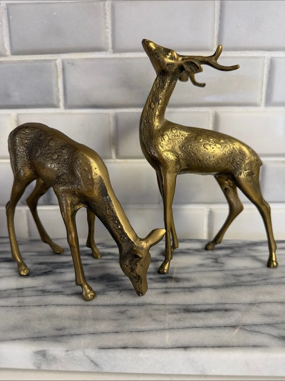 2 pc Brass Finish Deer Figurine Set - Gold Accent Home Decor